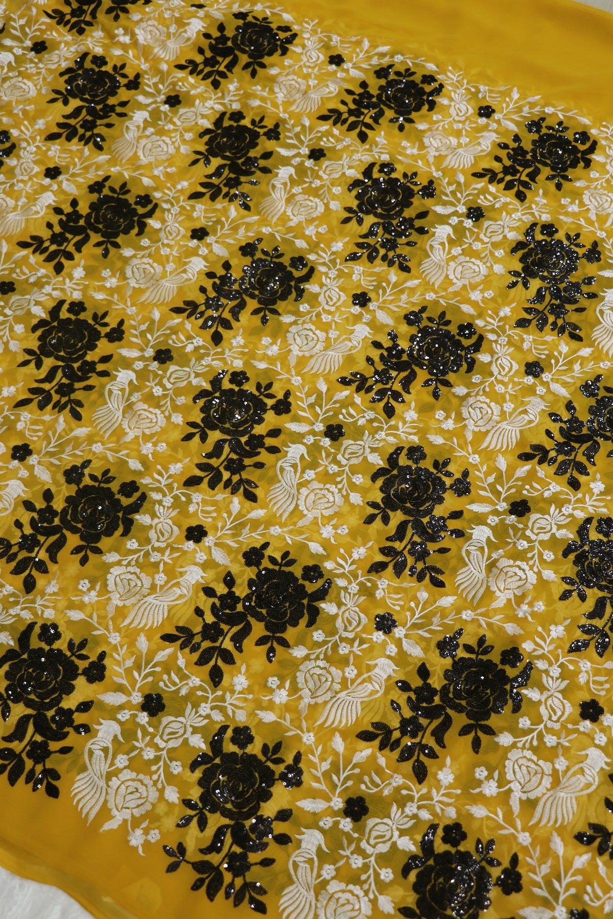 Turmeric Yellow Georgette Parsi Designs Worked With White Threads & Black Sequins