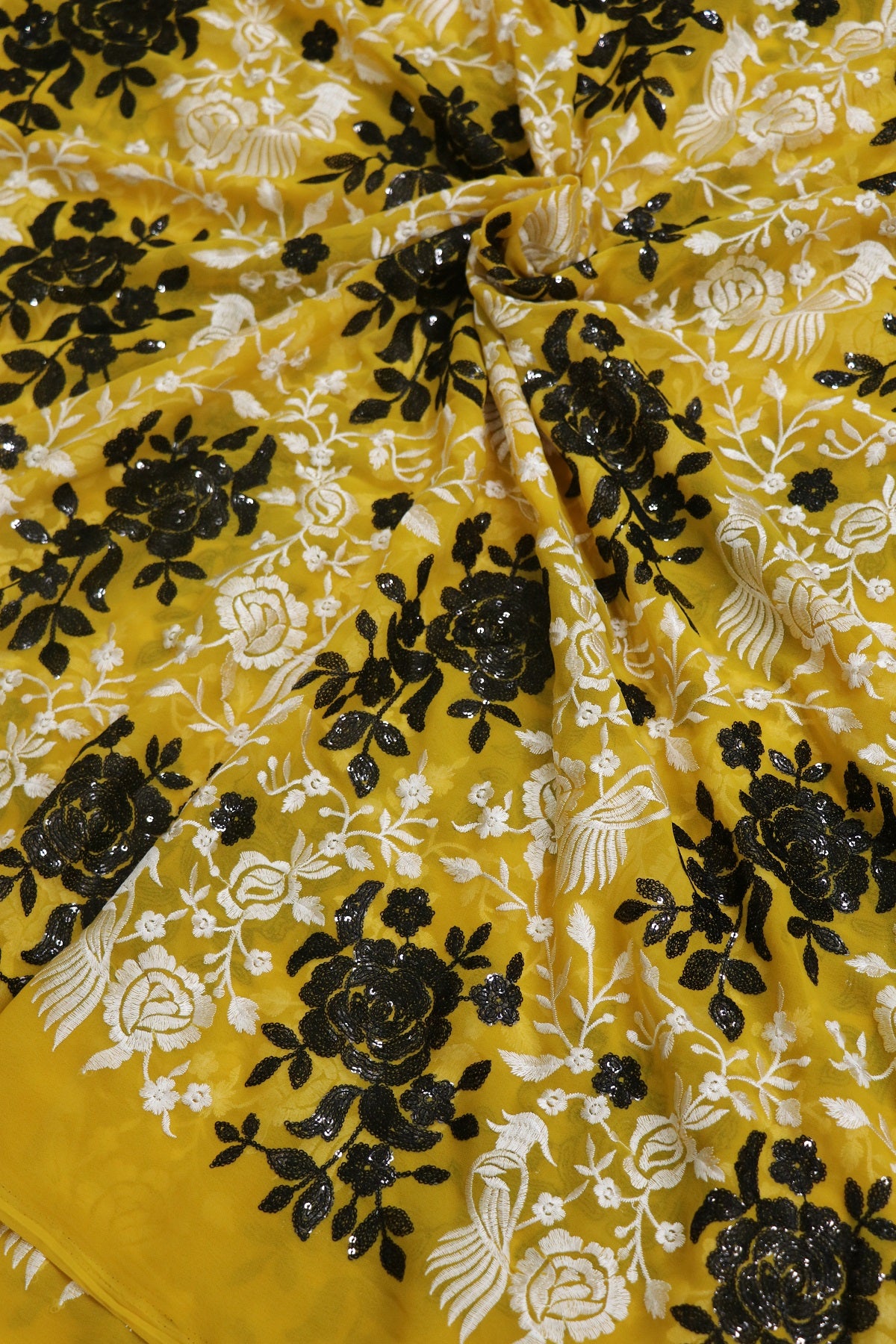 Turmeric Yellow Georgette Parsi Designs Worked With White Threads & Black Sequins