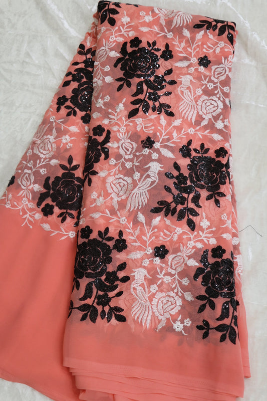 Soft Peach Pink Georgette Parsi Designs Worked With White Threads & Black Sequins