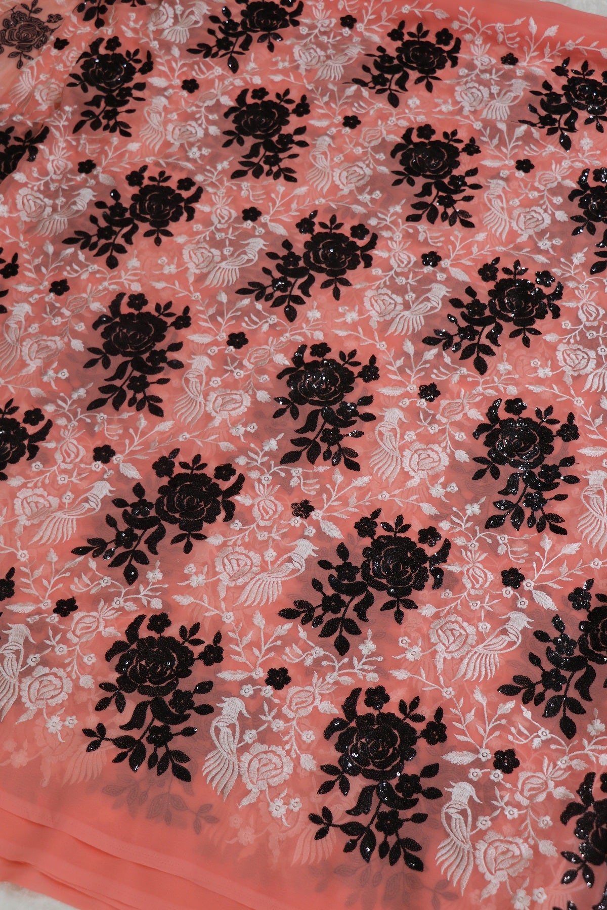 Soft Peach Pink Georgette Parsi Designs Worked With White Threads & Black Sequins