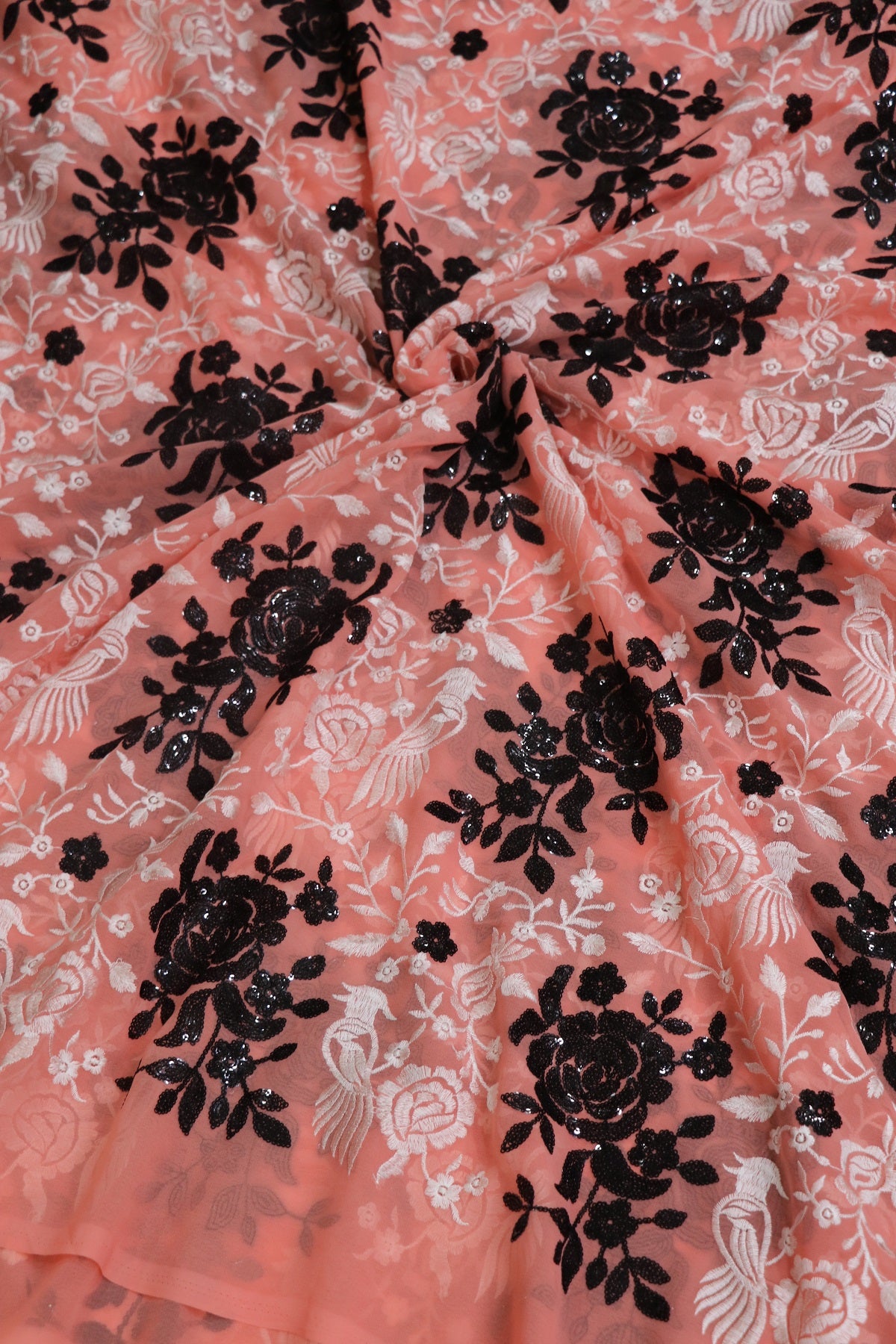 Soft Peach Pink Georgette Parsi Designs Worked With White Threads & Black Sequins