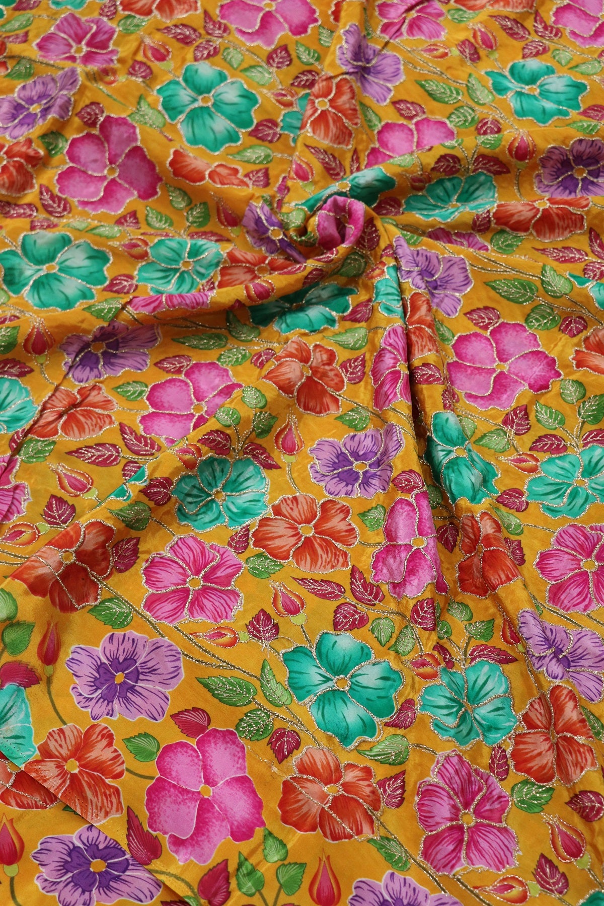 Floral Printed Natural Crepe Fabric highlighted With Zari Threads