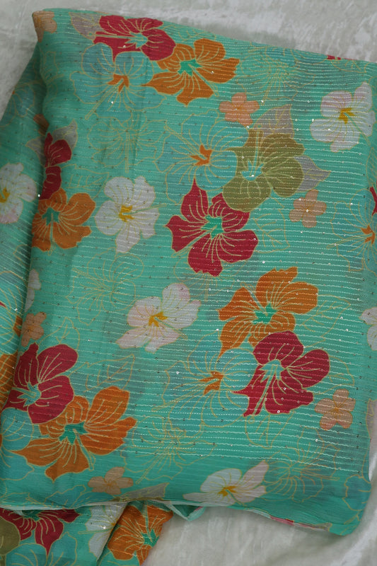 Mint Blue Horizontal Stripes Embroidered Floral Printed Chinon Fabric With Sequins