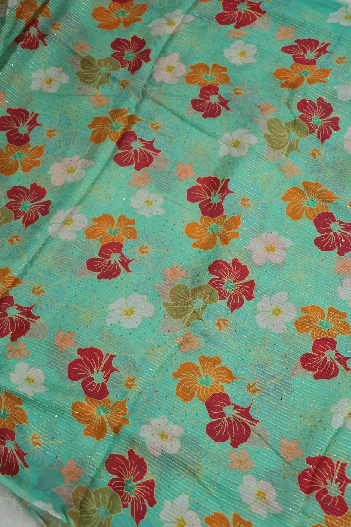 Mint Blue Horizontal Stripes Embroidered Floral Printed Chinon Fabric With Sequins