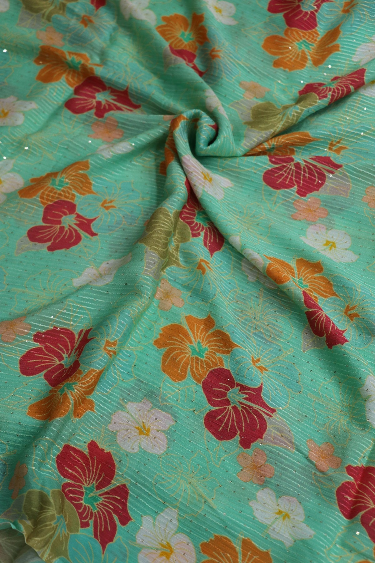 Mint Blue Horizontal Stripes Embroidered Floral Printed Chinon Fabric With Sequins