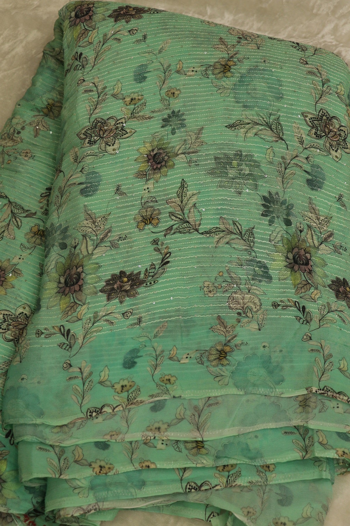 Aqua Marine Blue Horizontal Stripes Embroidered Floral Printed Chinon Fabric With Sequins