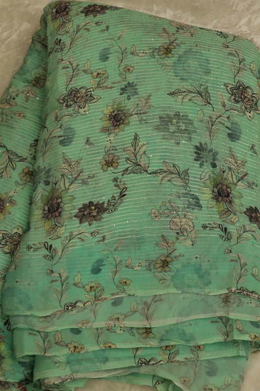 Aqua Marine Blue Horizontal Stripes Embroidered Floral Printed Chinon Fabric With Sequins