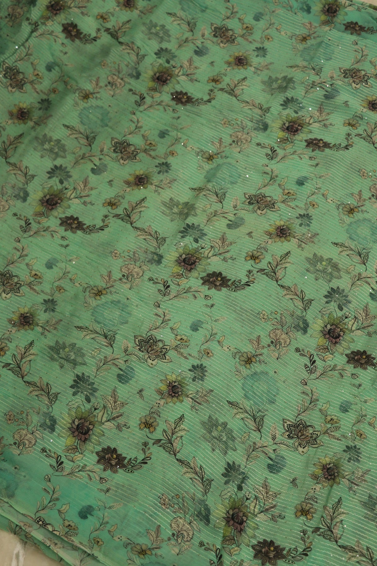 Aqua Marine Blue Horizontal Stripes Embroidered Floral Printed Chinon Fabric With Sequins