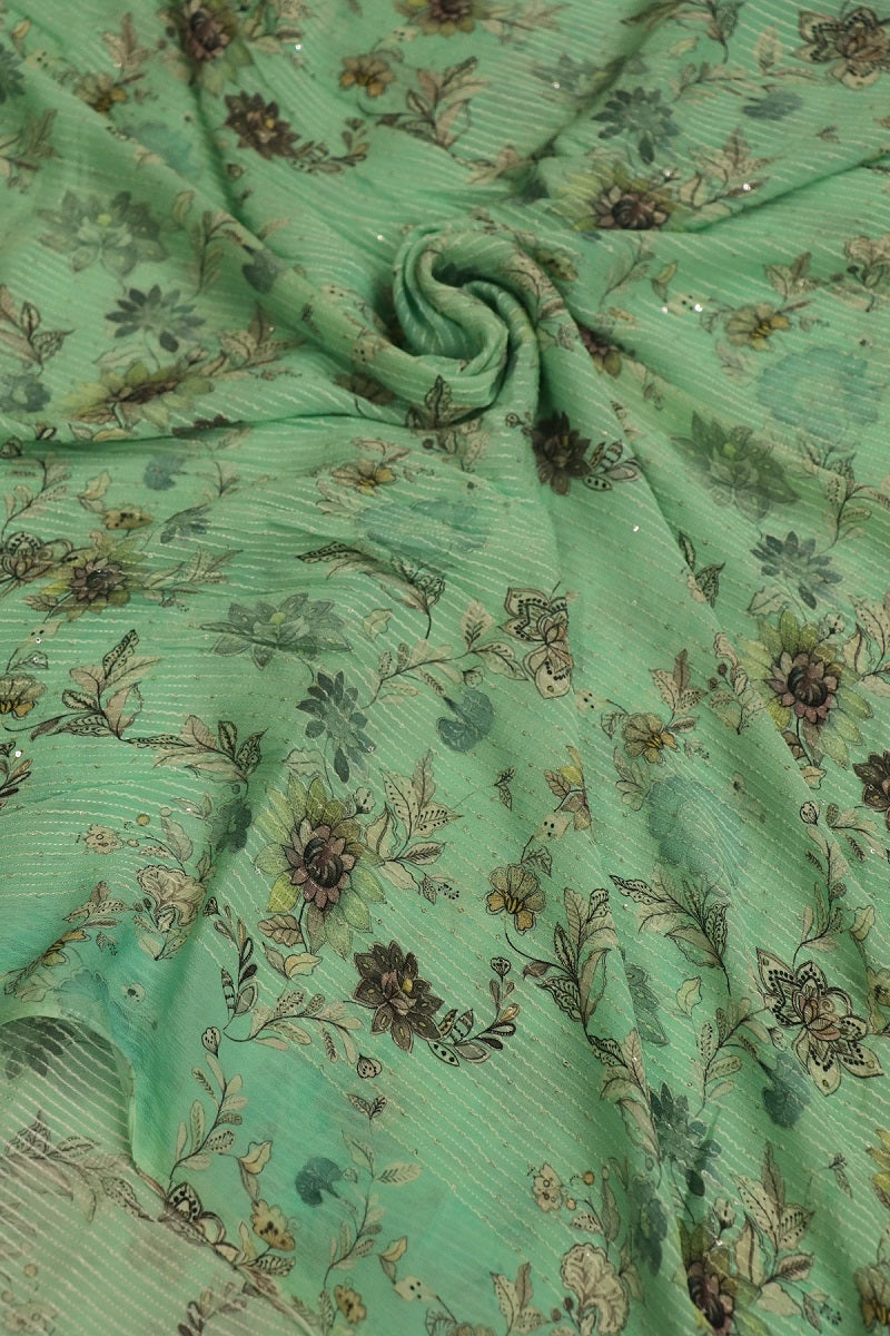 Aqua Marine Blue Horizontal Stripes Embroidered Floral Printed Chinon Fabric With Sequins