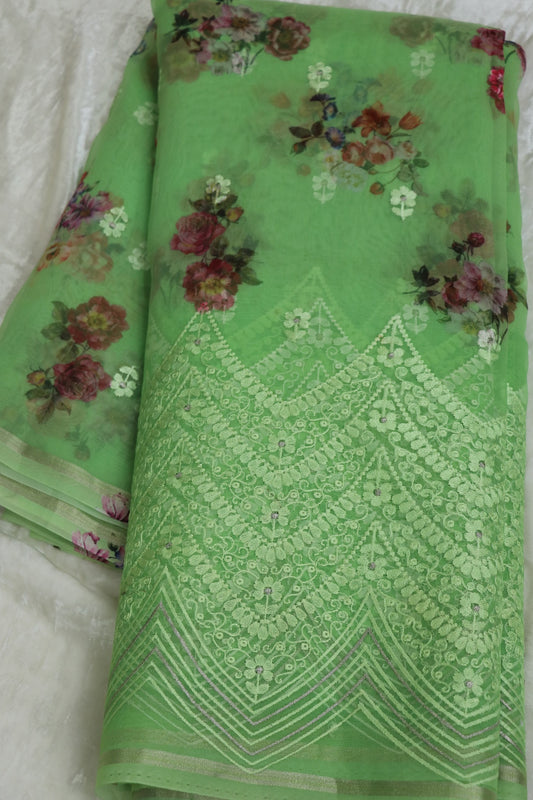 Cool Mint Green Printed & white Thread Embroidered Organza Fabric