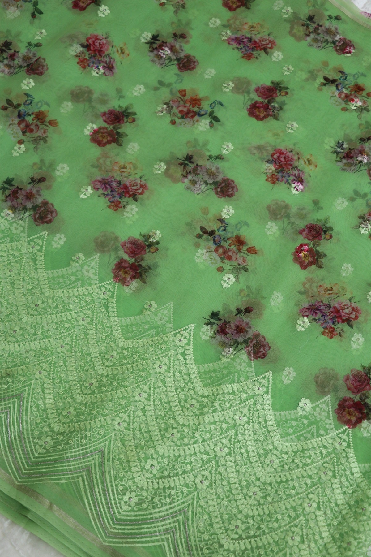 Cool Mint Green Printed & white Thread Embroidered Organza Fabric