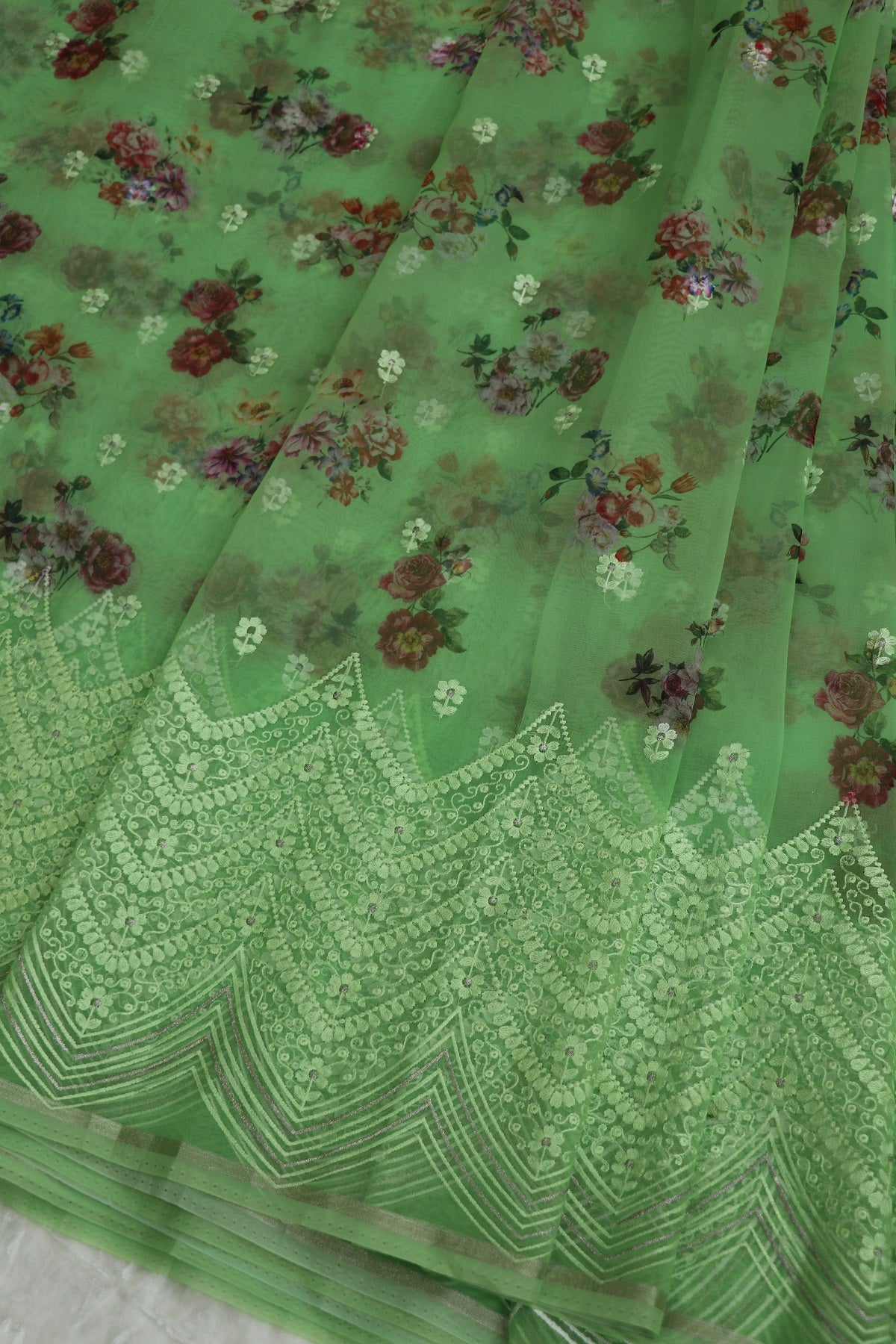 Cool Mint Green Printed & white Thread Embroidered Organza Fabric