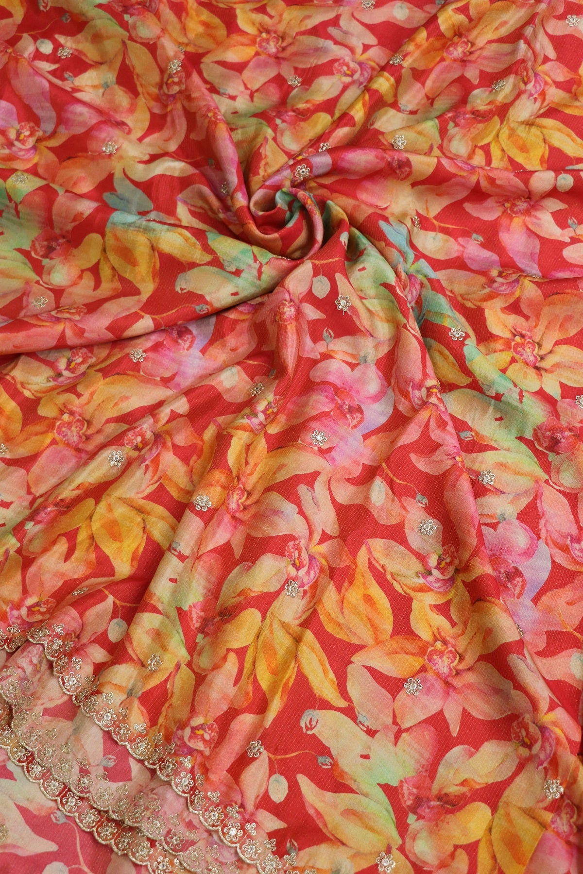 Crimson Red Floral Printed Uppada Tissue Fabric With Scalloped Borders Zari Thread & Sequins Embroidered