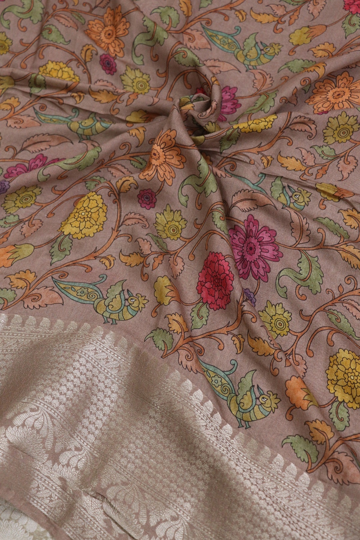Pure Light Mauve Chiniya SIlk Kalamkari Printed With Silver Zari Woven Lehenga Fabric