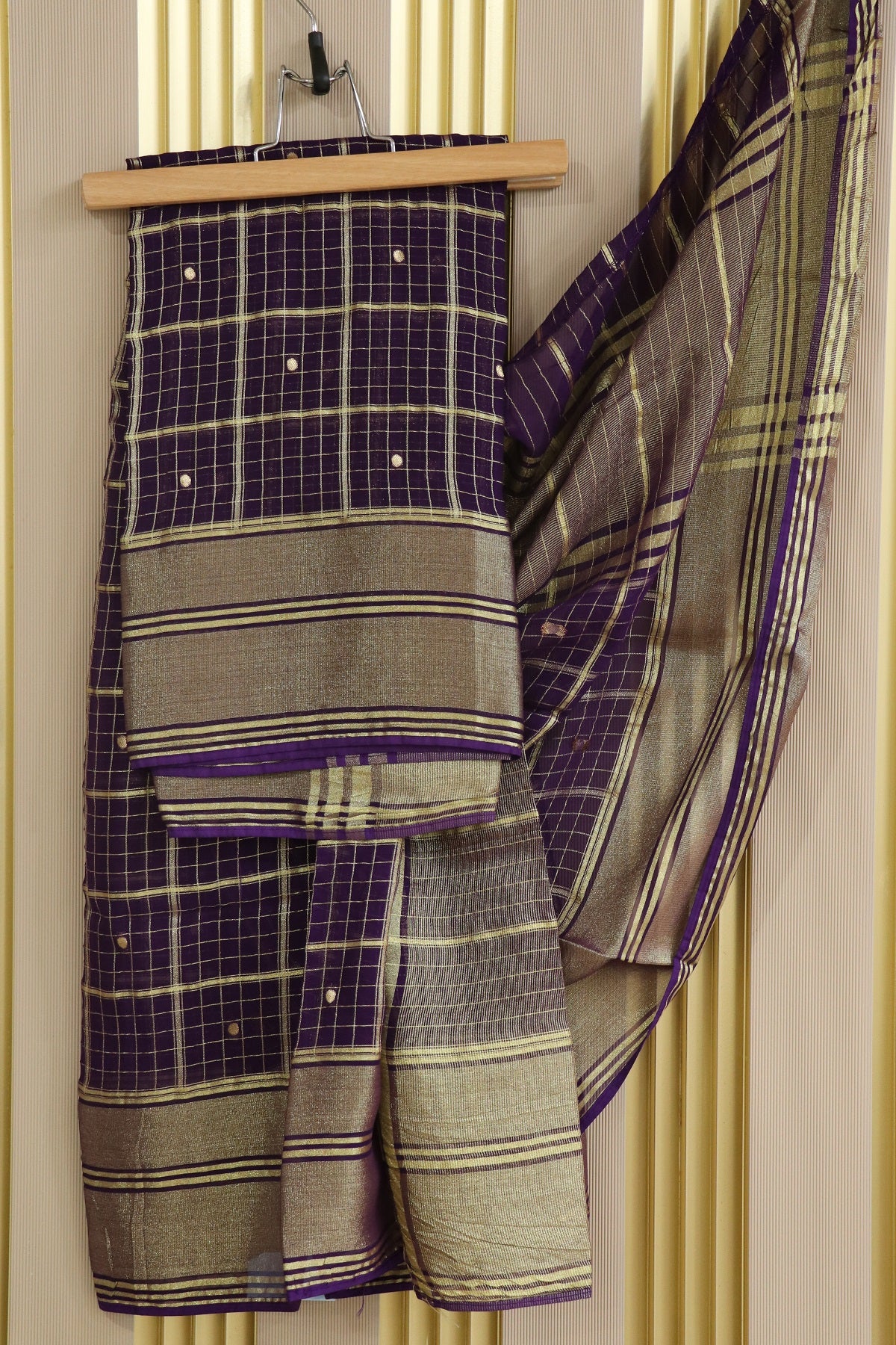 Zari Woven Checks Georgette Dupatta With Golden Border & Polka Dots