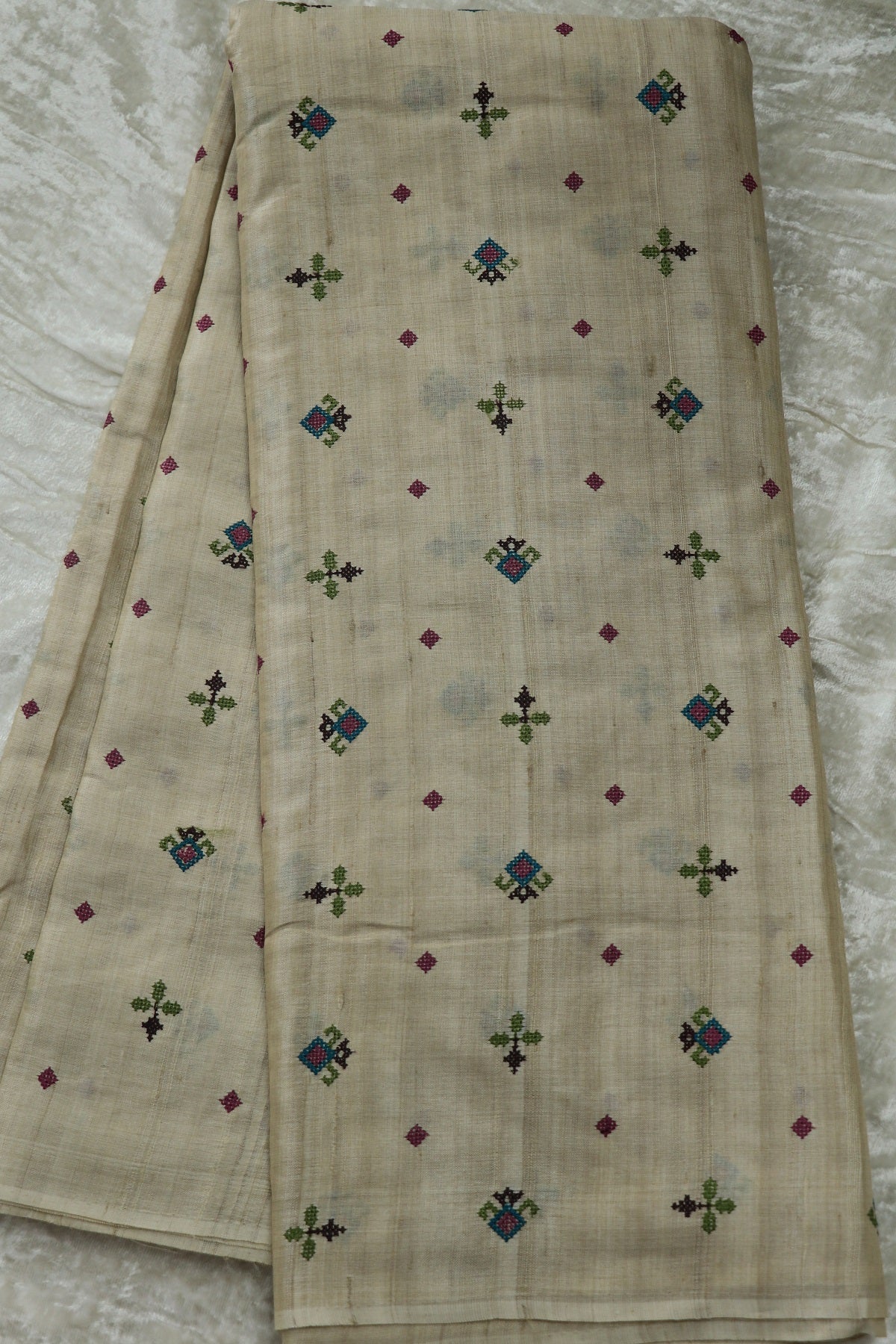 Ornate Cross Stiched Motifs On Pure Tussar Fabric