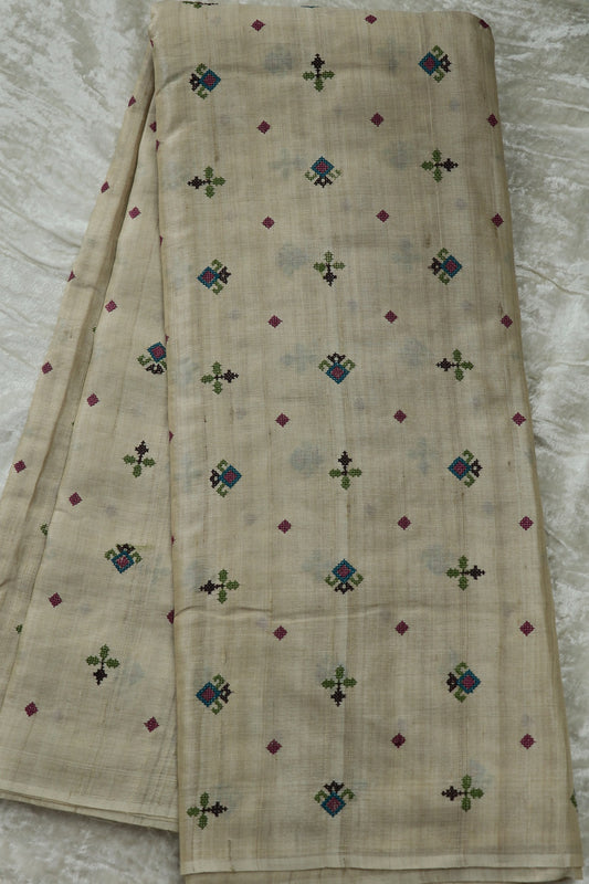Ornate Cross Stiched Motifs On Pure Tussar Fabric