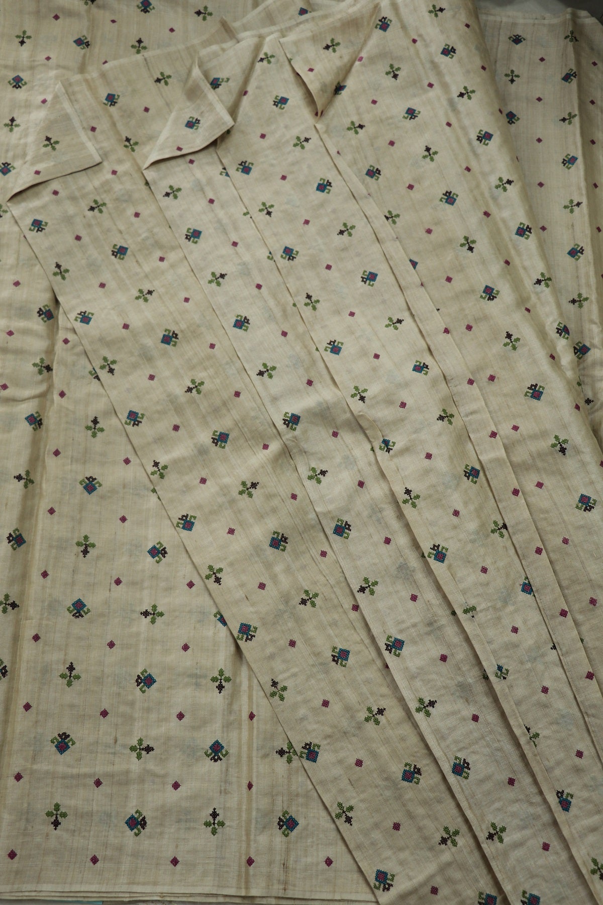 Ornate Cross Stiched Motifs On Pure Tussar Fabric