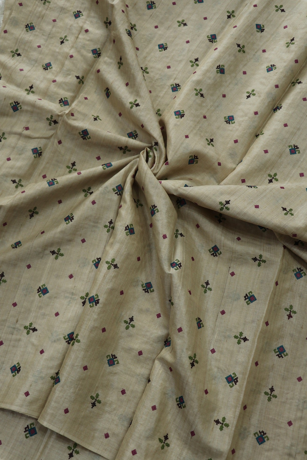 Ornate Cross Stiched Motifs On Pure Tussar Fabric