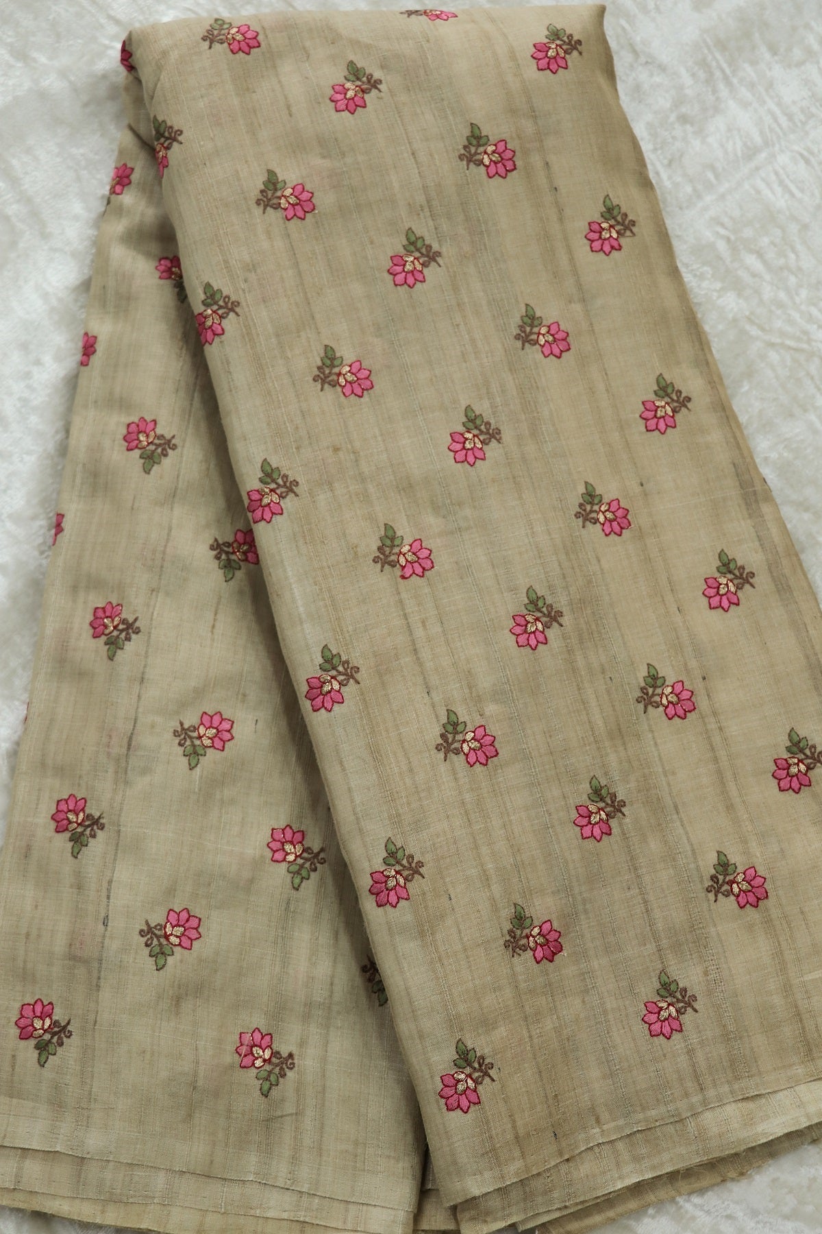 Pure Desi Tussar Fabric Embroidered With Pink and Gold Zari  flowers