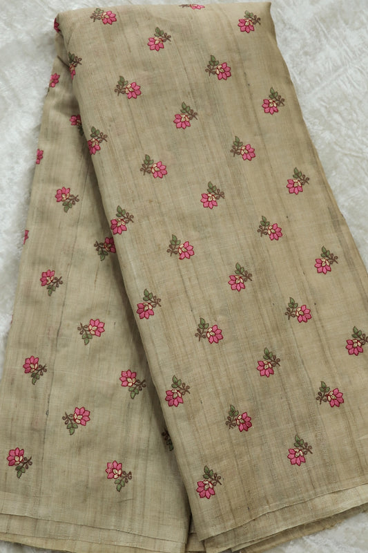 Pure Desi Tussar Fabric Embroidered With Pink and Gold Zari  flowers