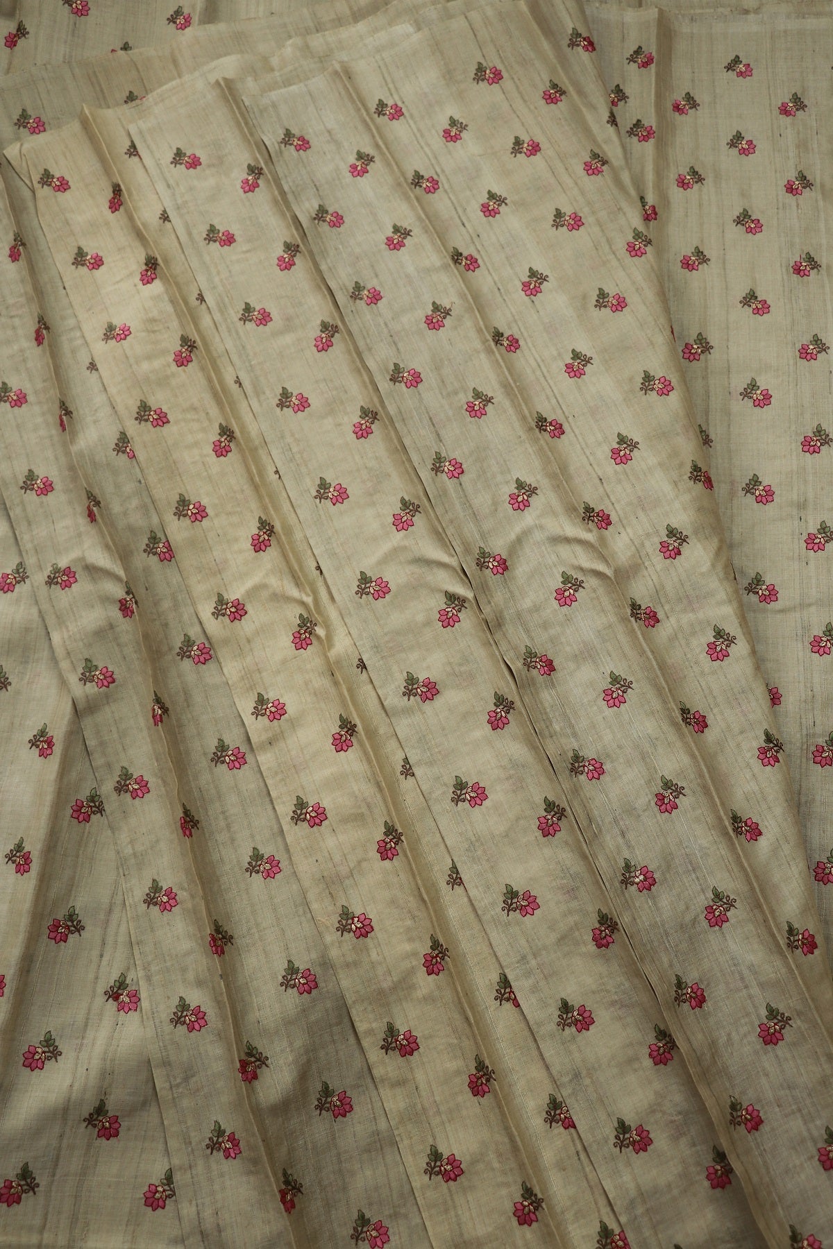 Pure Desi Tussar Fabric Embroidered With Pink and Gold Zari  flowers