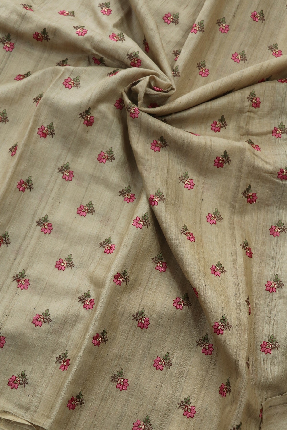 Pure Desi Tussar Fabric Embroidered With Pink and Gold Zari  flowers