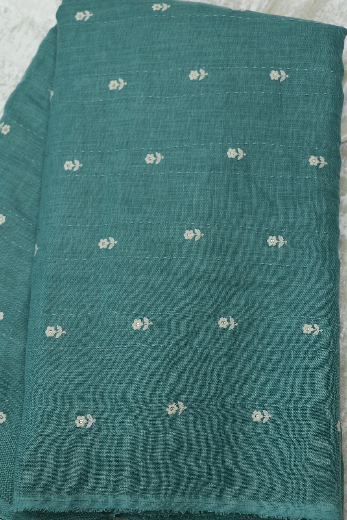 Small Intricate Flowers With  Kantha Work Lenin Embroidered Fabric