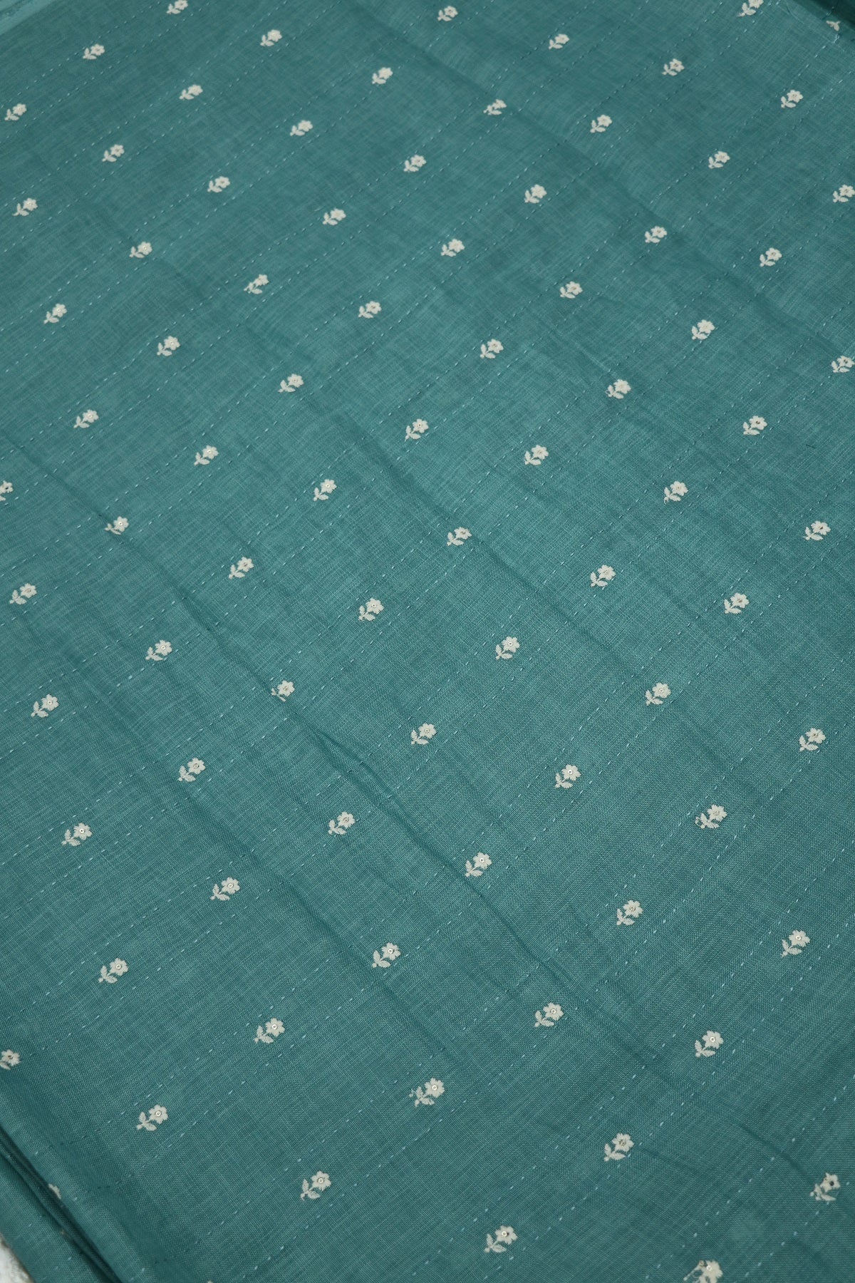 Small Intricate Flowers With  Kantha Work Lenin Embroidered Fabric