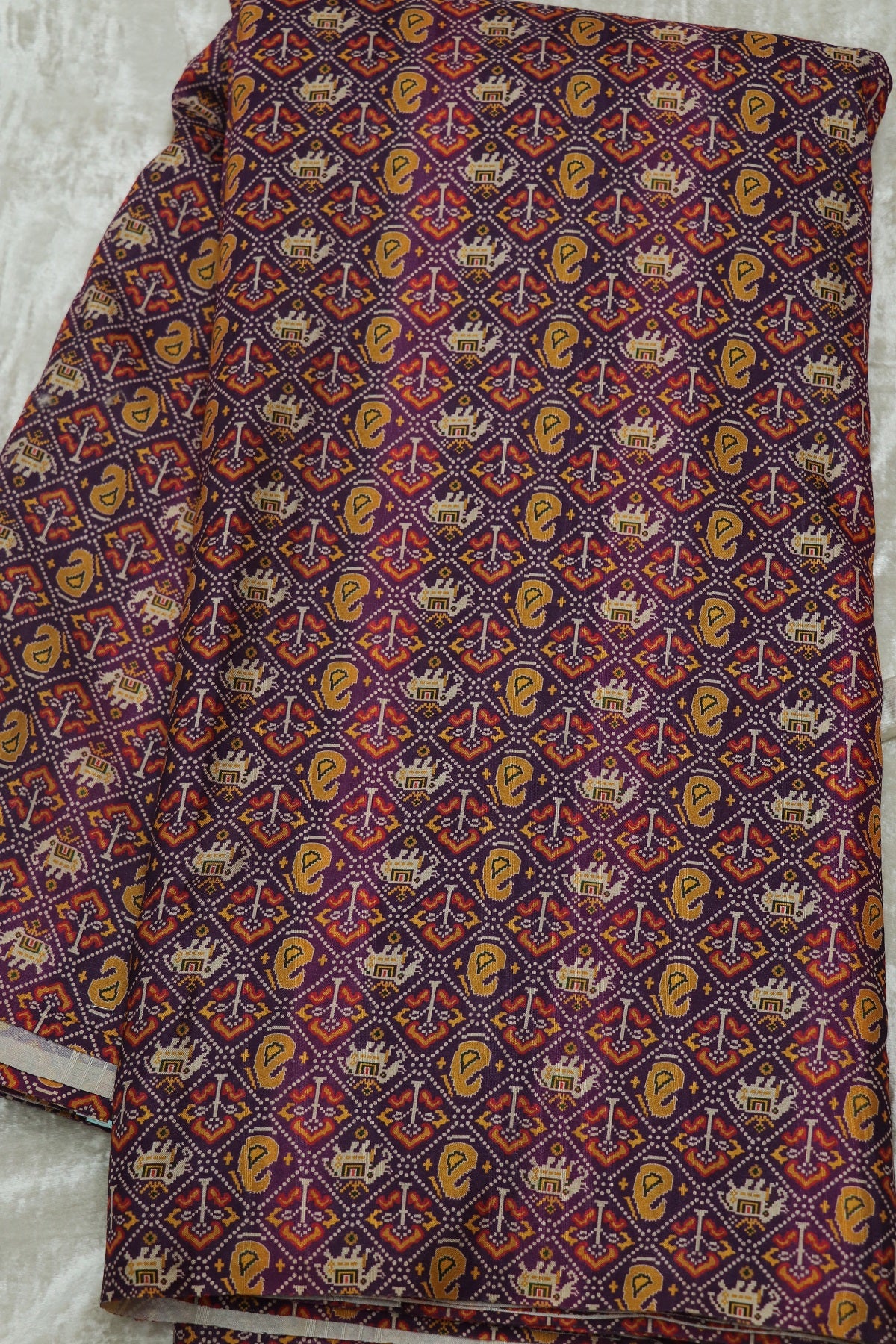 Mango & Elephant Printed  Patola Semi Rawsilk Fabric