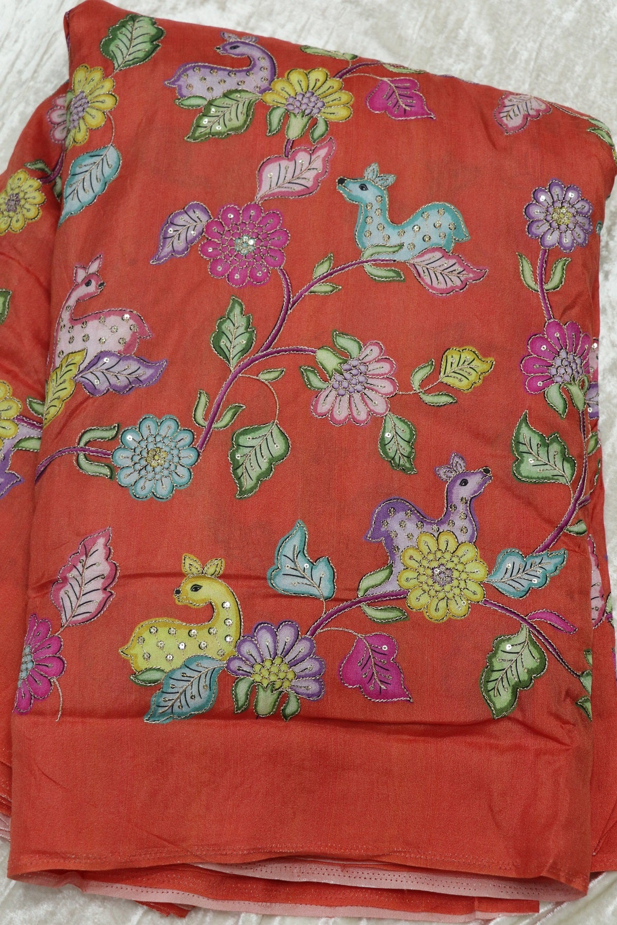 Dola Silk Floral & Deer Printed Fabrics Highlighted With Zari Threads & Sequins