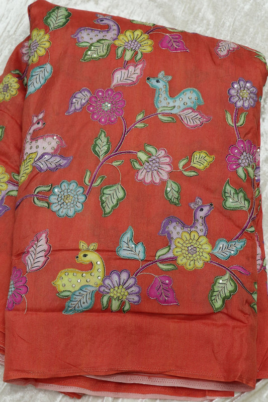 Dola Silk Floral & Deer Printed Fabrics Highlighted With Zari Threads & Sequins