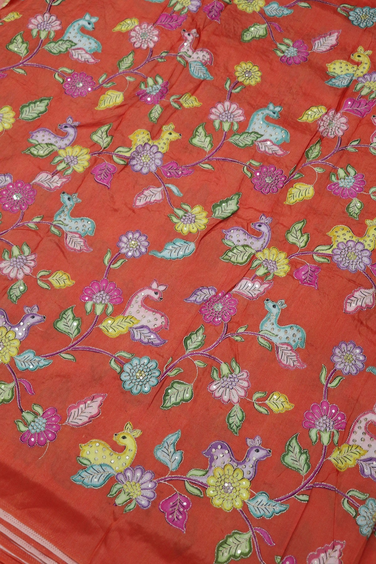 Dola Silk Floral & Deer Printed Fabrics Highlighted With Zari Threads & Sequins