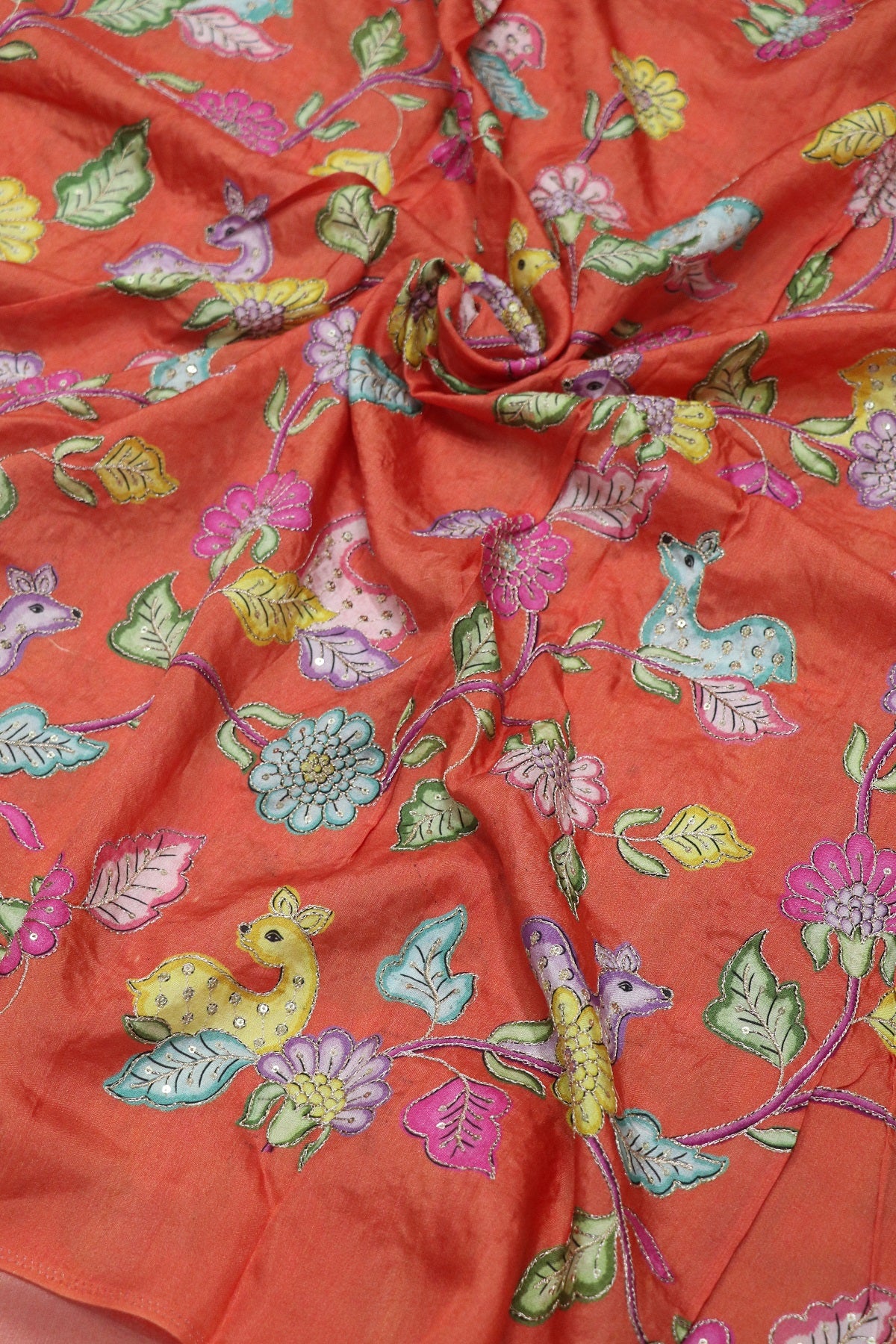 Dola Silk Floral & Deer Printed Fabrics Highlighted With Zari Threads & Sequins