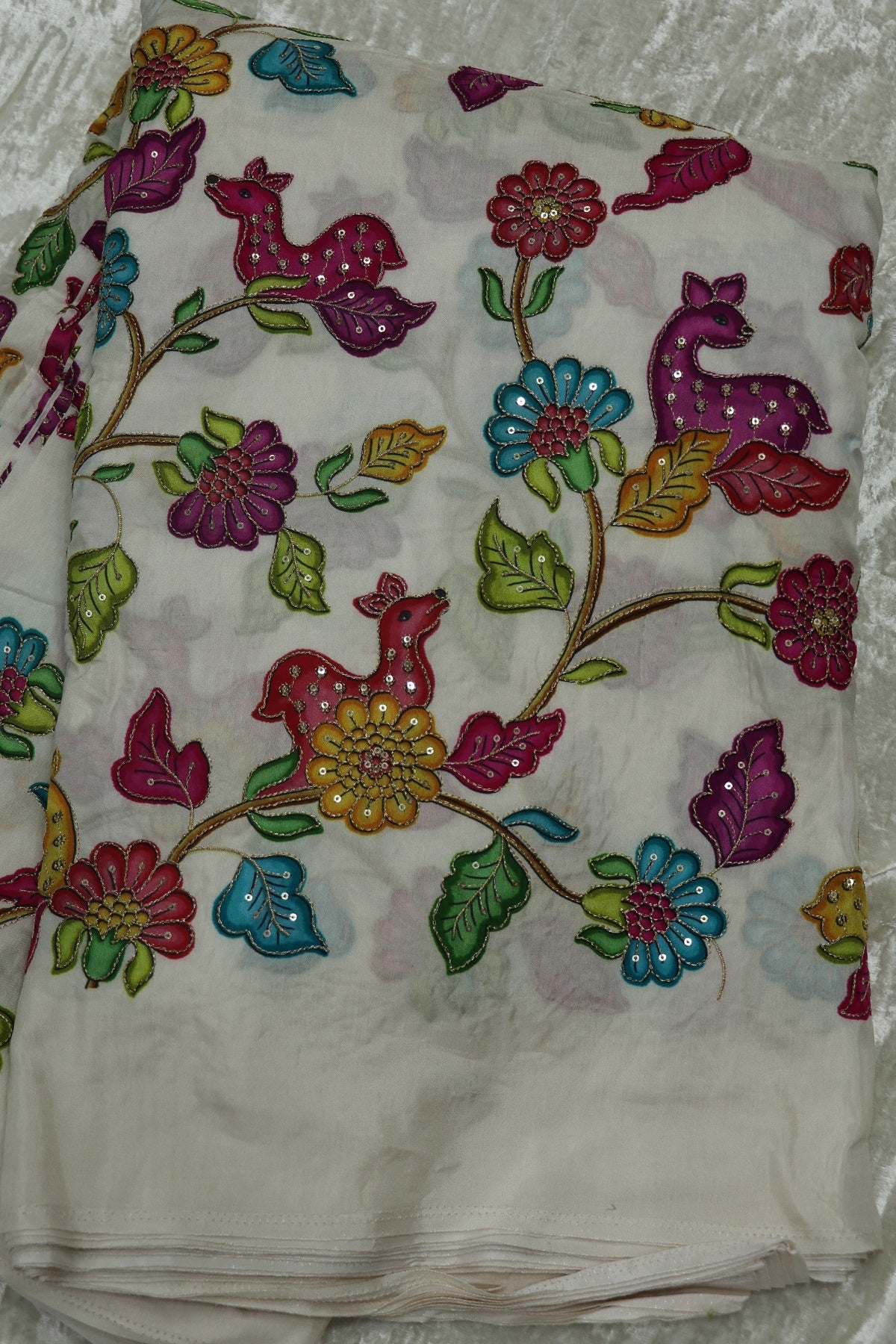 Dola Silk Floral & Deer Printed Fabrics Highlighted With Zari Threads & Sequins