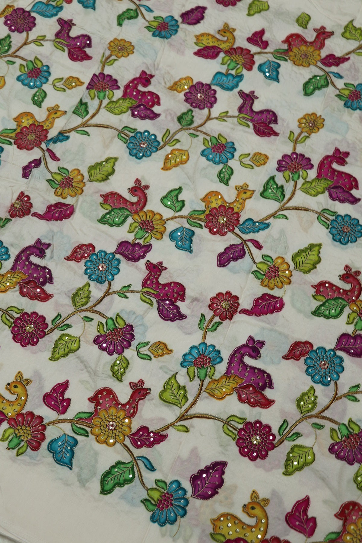 Dola Silk Floral & Deer Printed Fabrics Highlighted With Zari Threads & Sequins