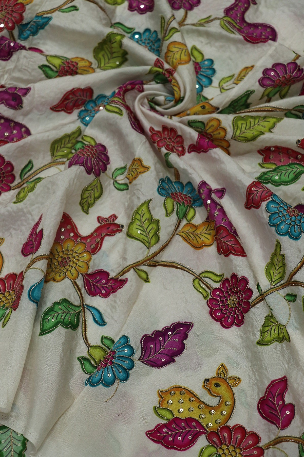 Dola Silk Floral & Deer Printed Fabrics Highlighted With Zari Threads & Sequins