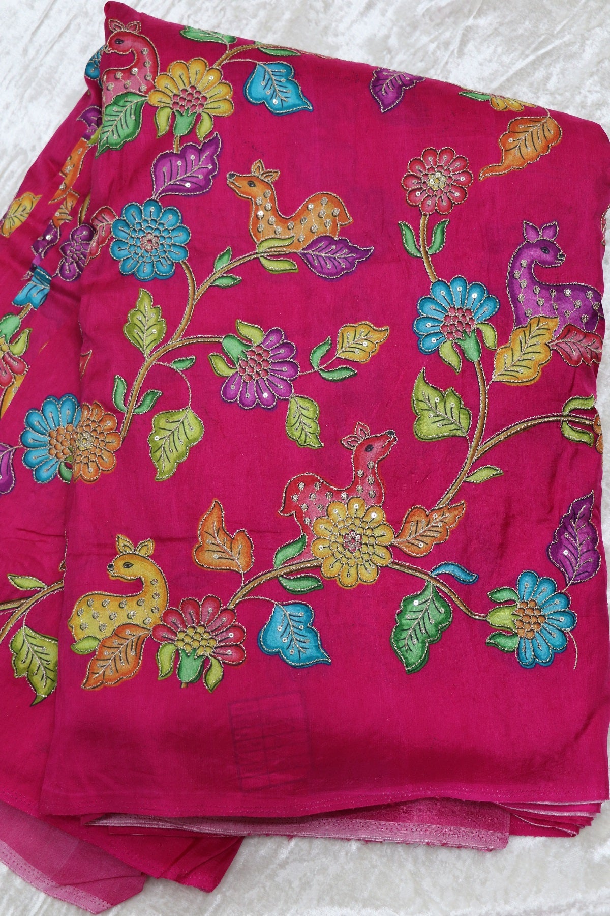 Dola Silk Floral & Deer Printed Fabrics Highlighted With Zari Threads & Sequins
