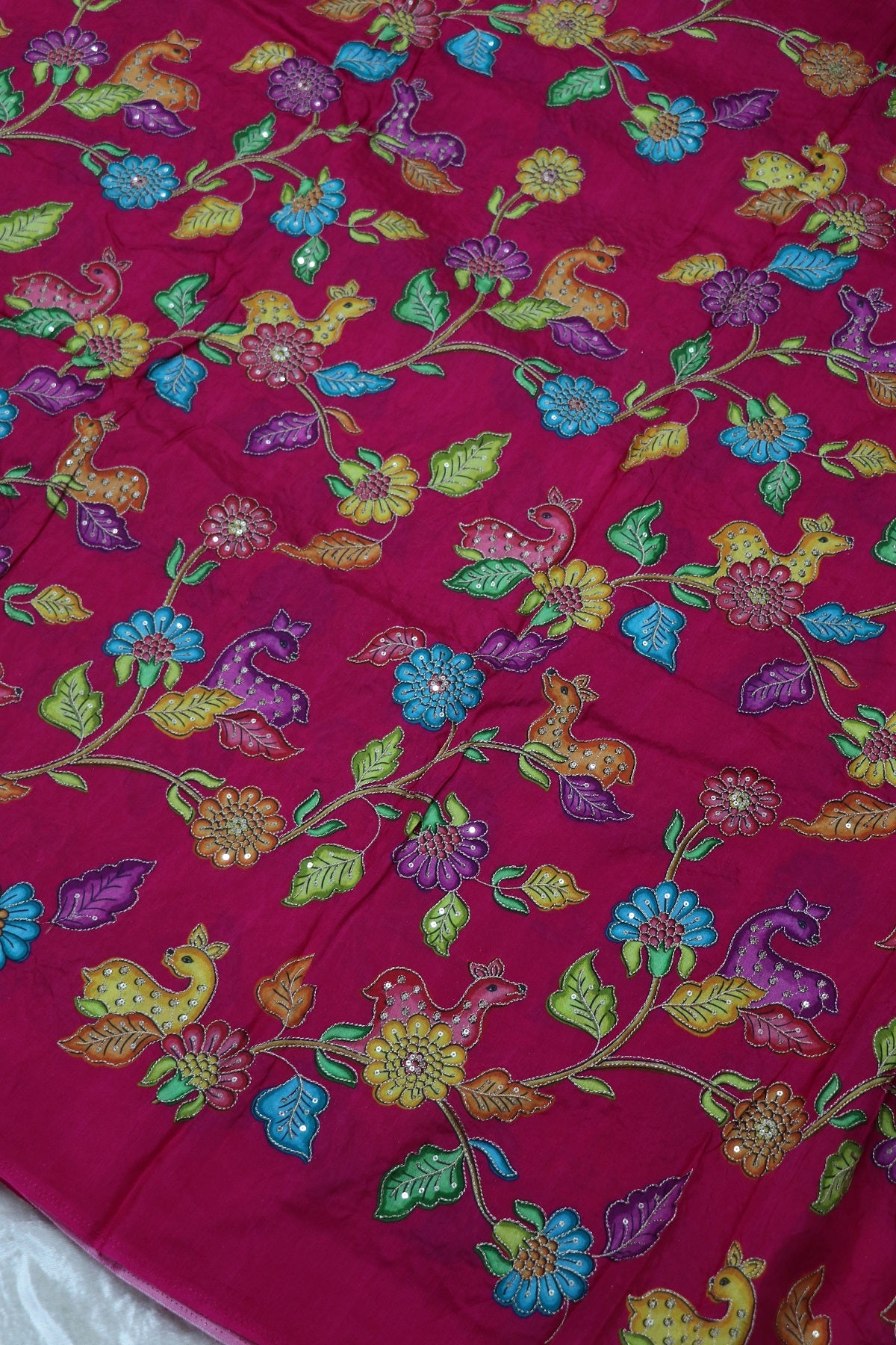 Dola Silk Floral & Deer Printed Fabrics Highlighted With Zari Threads & Sequins
