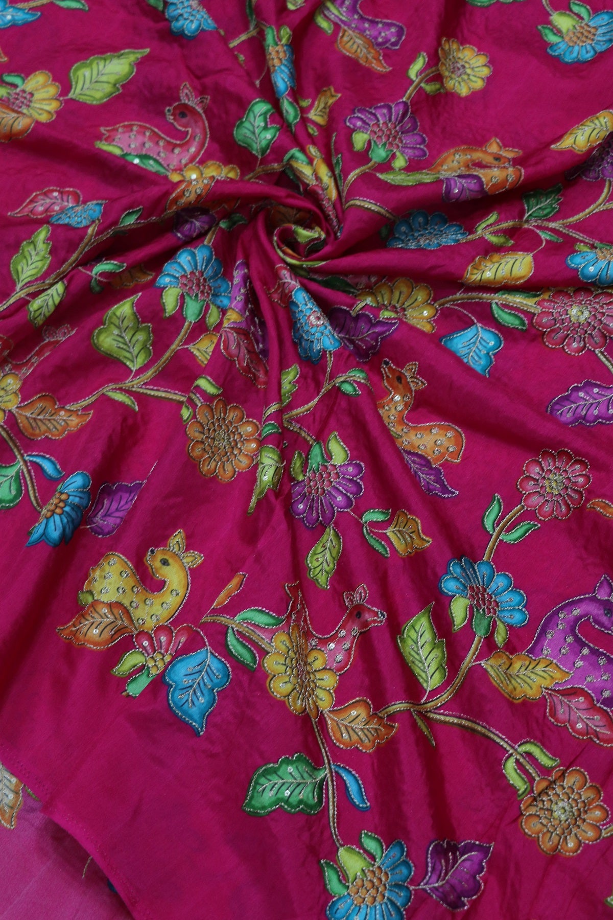 Dola Silk Floral & Deer Printed Fabrics Highlighted With Zari Threads & Sequins