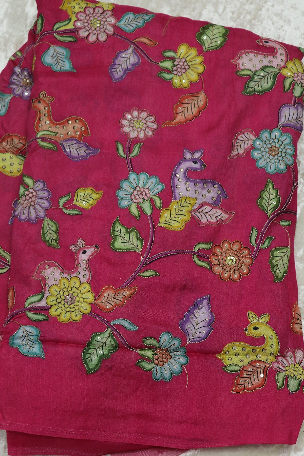 Dola Silk Floral & Deer Printed Fabrics Highlighted With Zari Threads & Sequins