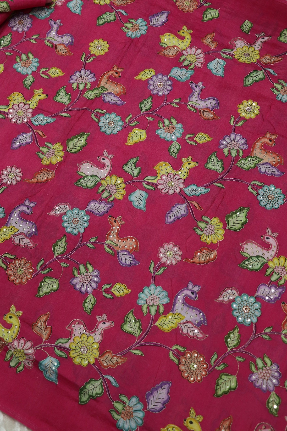 Dola Silk Floral & Deer Printed Fabrics Highlighted With Zari Threads & Sequins