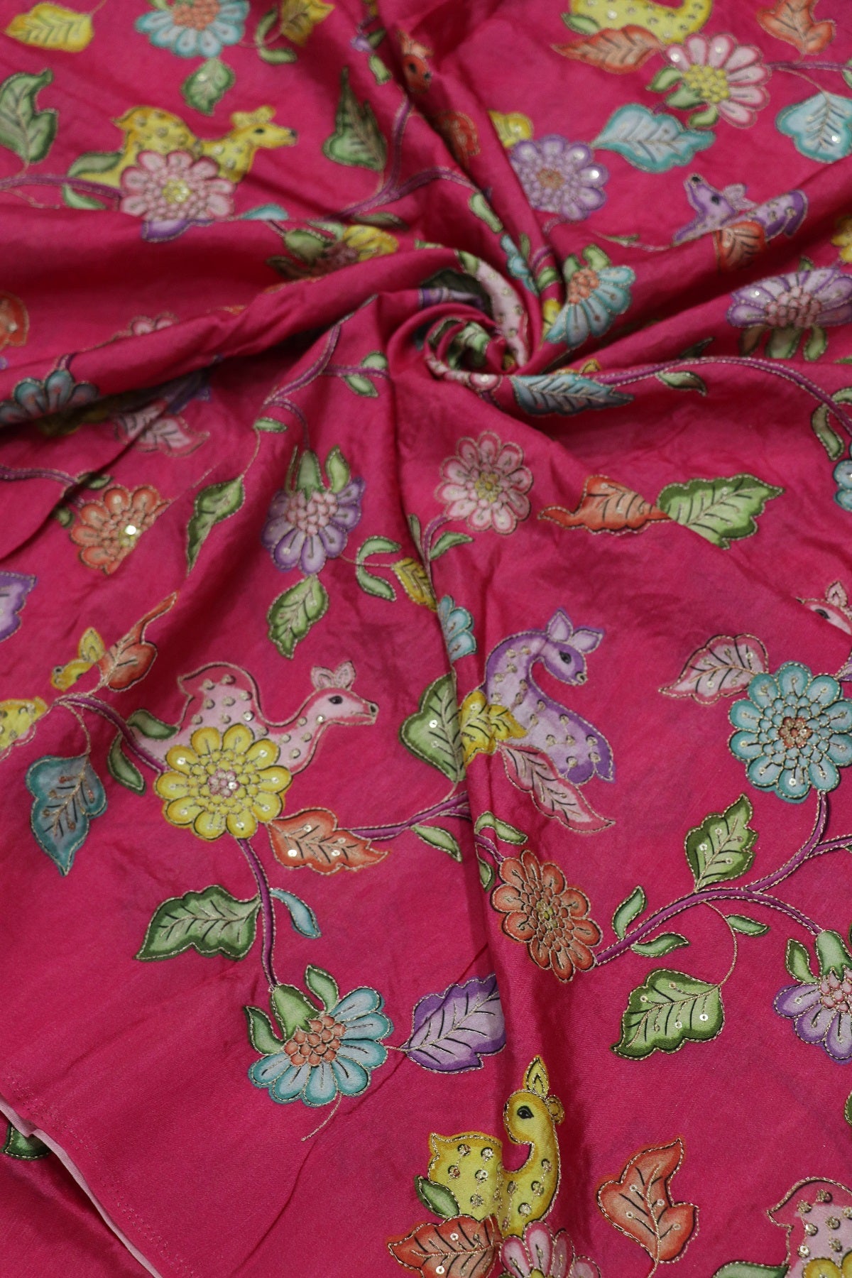 Dola Silk Floral & Deer Printed Fabrics Highlighted With Zari Threads & Sequins