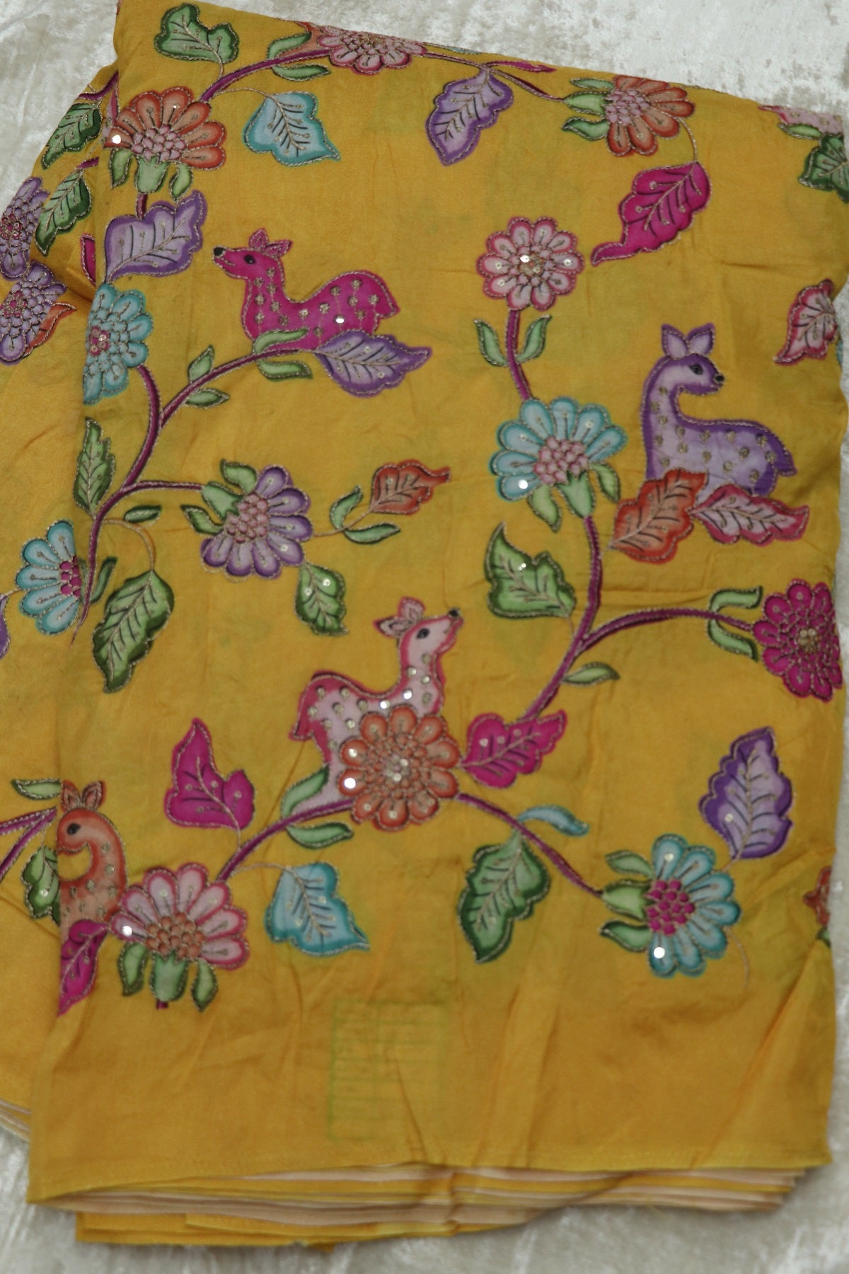Dola Silk Floral & Deer Printed Fabrics Highlighted With Zari Threads & Sequins