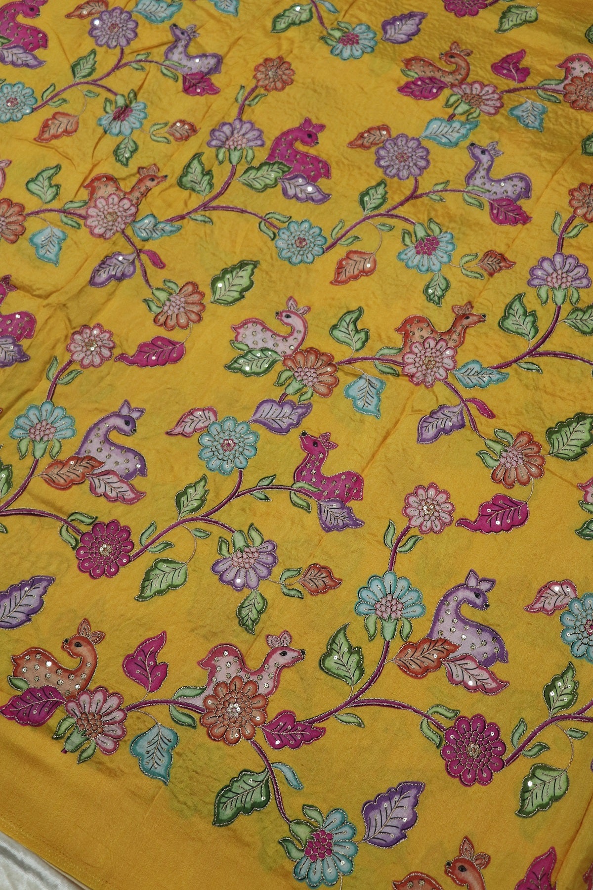 Dola Silk Floral & Deer Printed Fabrics Highlighted With Zari Threads & Sequins