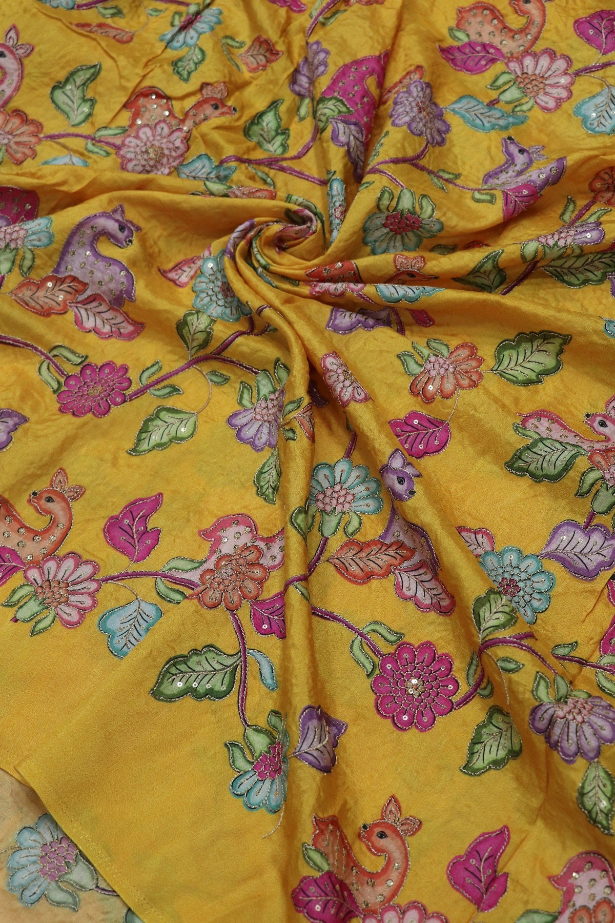 Dola Silk Floral & Deer Printed Fabrics Highlighted With Zari Threads & Sequins