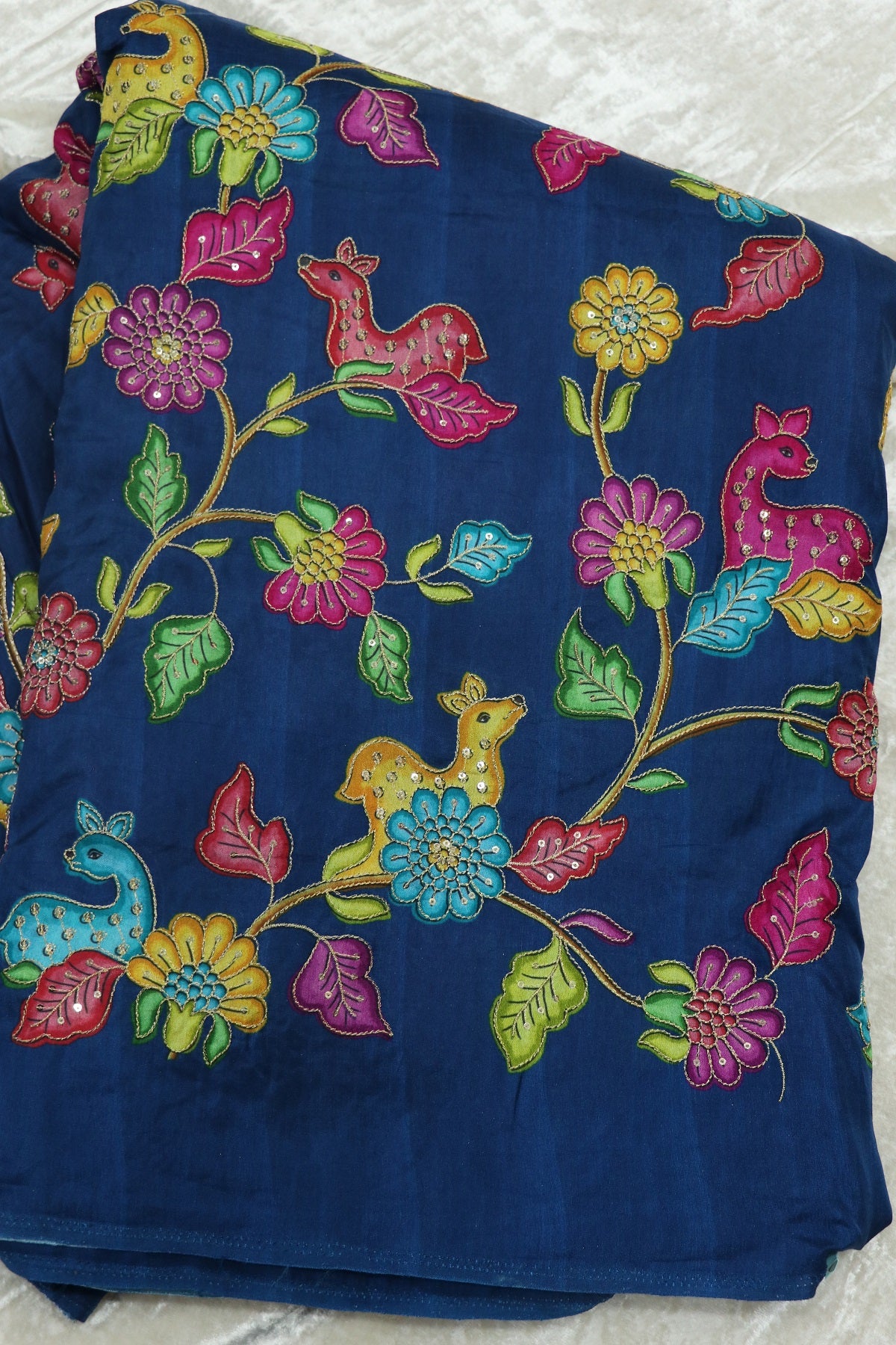 Dola Silk Floral & Deer Printed Fabrics Highlighted With Zari Threads & Sequins