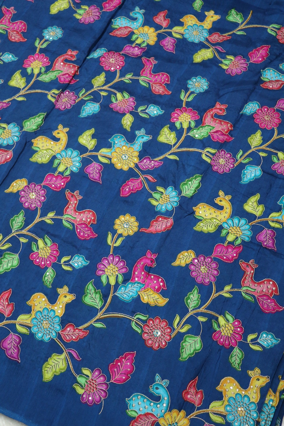 Dola Silk Floral & Deer Printed Fabrics Highlighted With Zari Threads & Sequins