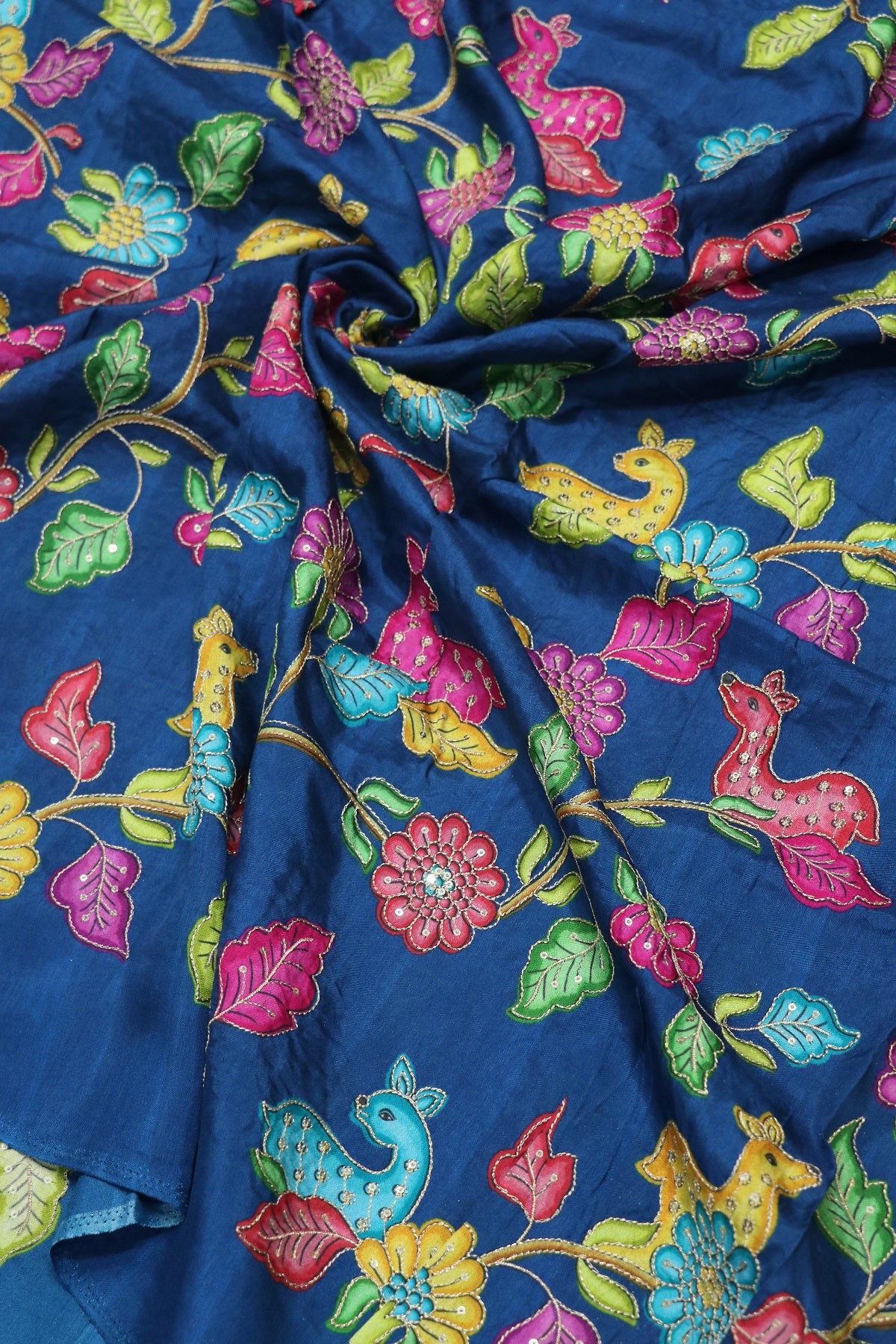 Dola Silk Floral & Deer Printed Fabrics Highlighted With Zari Threads & Sequins