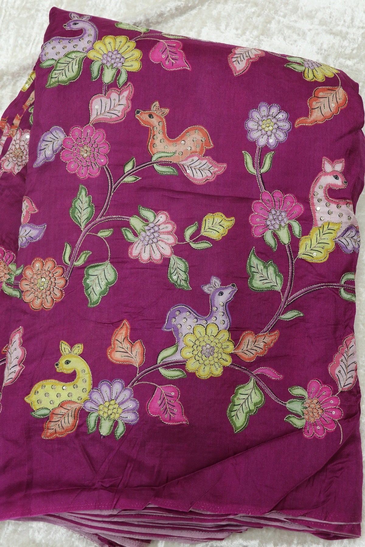 Dola Silk Floral & Deer Printed Fabrics Highlighted With Zari Threads & Sequins